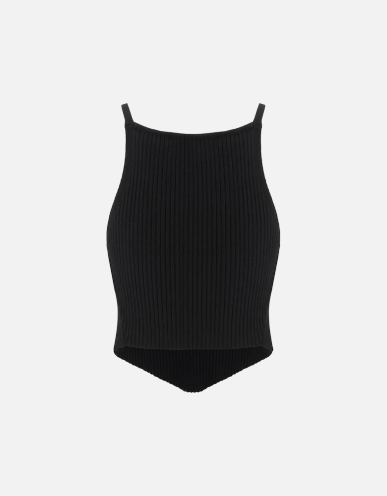 Embroidered Logo Ribbed Asymmetrical Hem Top Women - Black T-Shirts