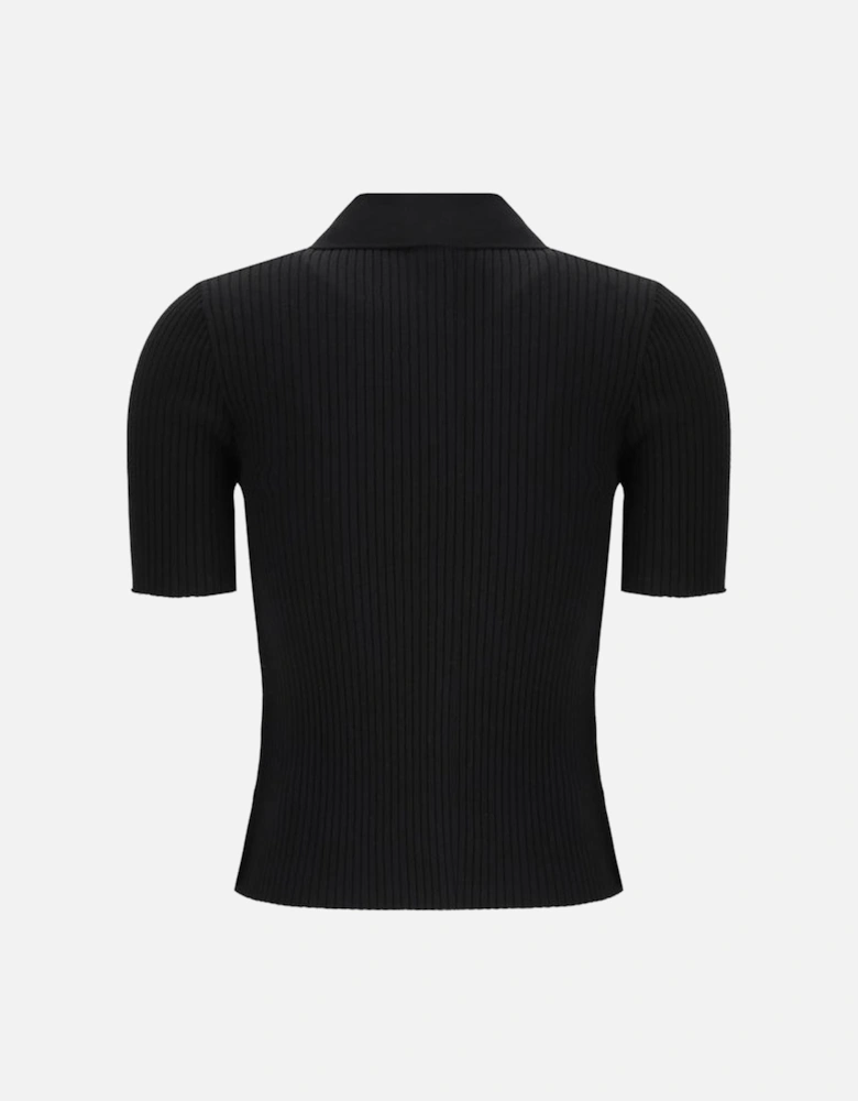 Slim Fit Monochrome Ribbed Polo Shirt Women - Black
