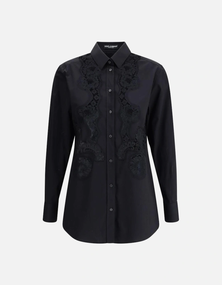 Elegant Lace Insert Classic Collar Shirt Women - Black