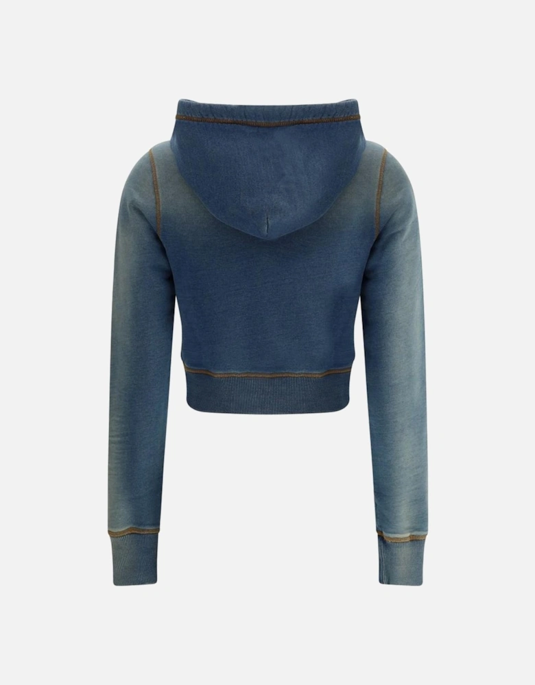 Cropped Cotton Hoodie with Embroidered Oval Logo Women - Blue Sweaters
