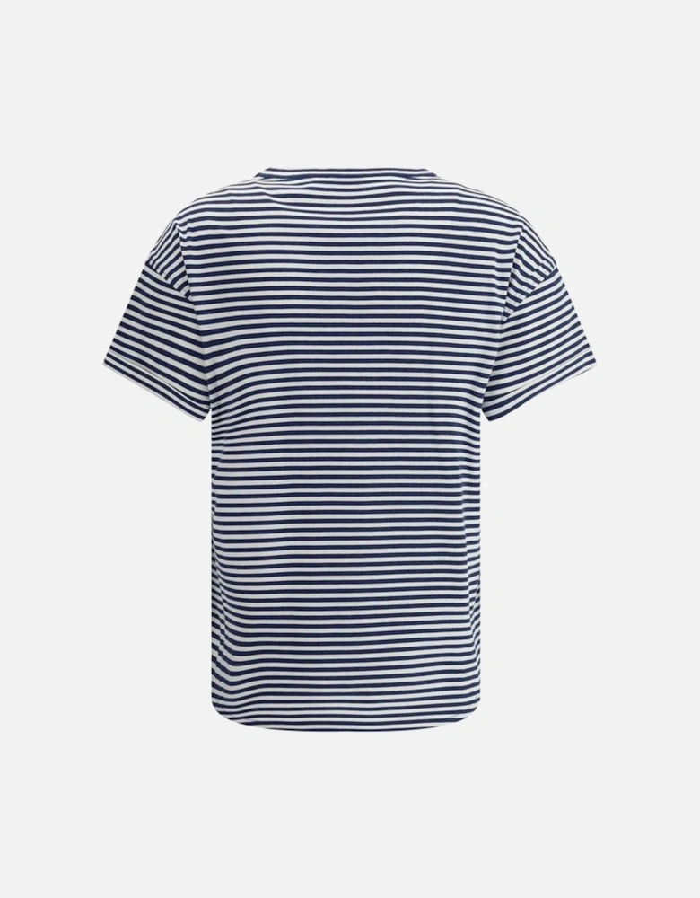 Striped Cotton T-Shirt with Jewel Detail Pocket Women - Blue