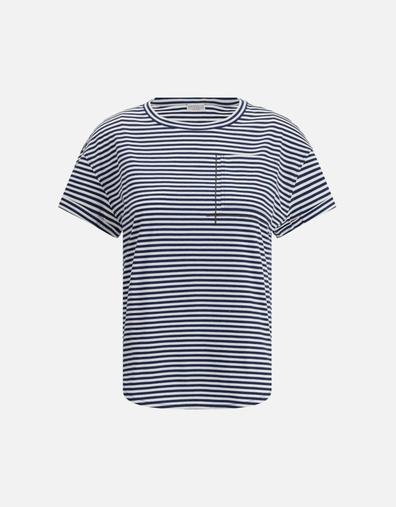 Striped Cotton T-Shirt with Jewel Detail Pocket Women - Blue