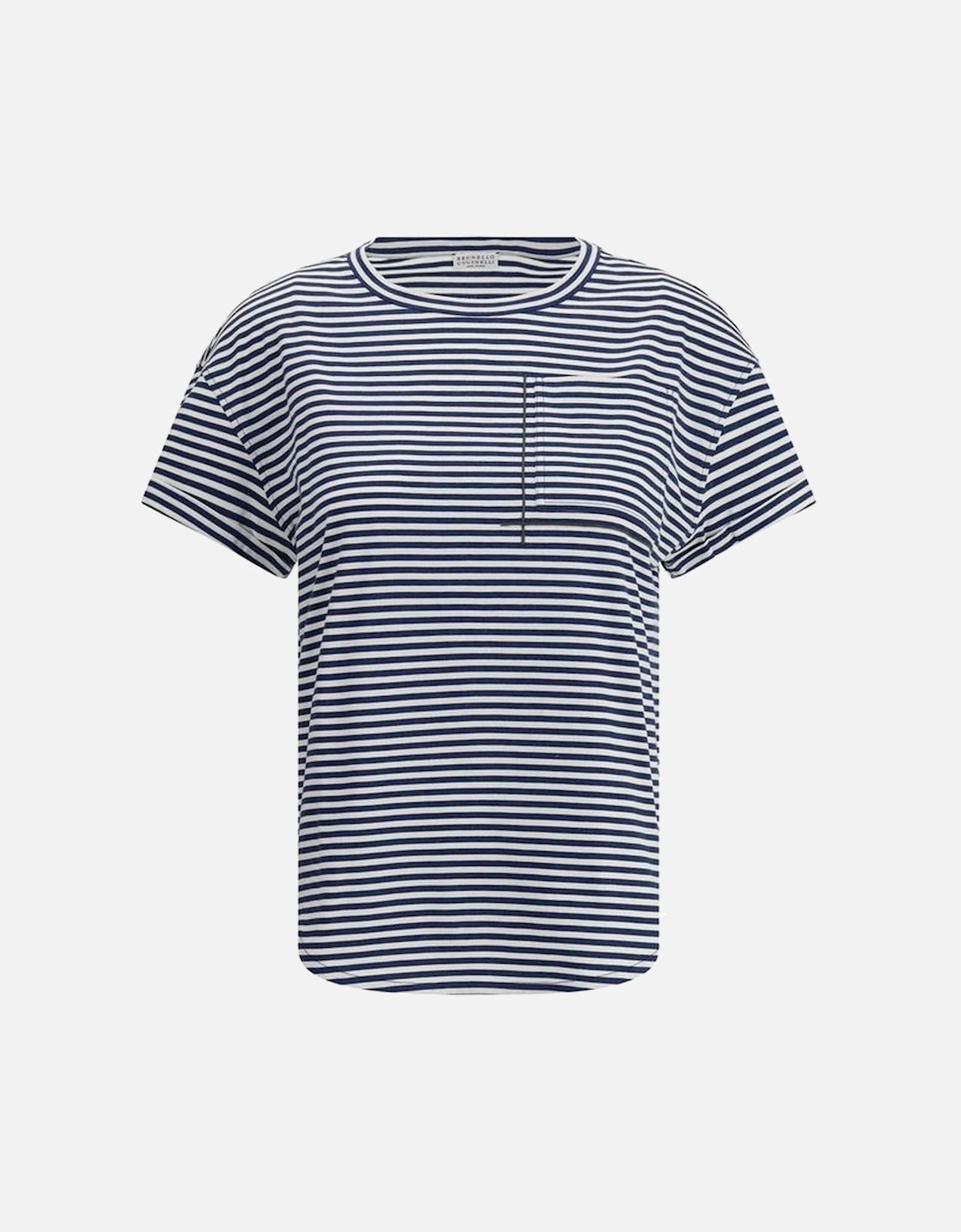 Striped Cotton T-Shirt with Jewel Detail Pocket Women - Blue, 4 of 3