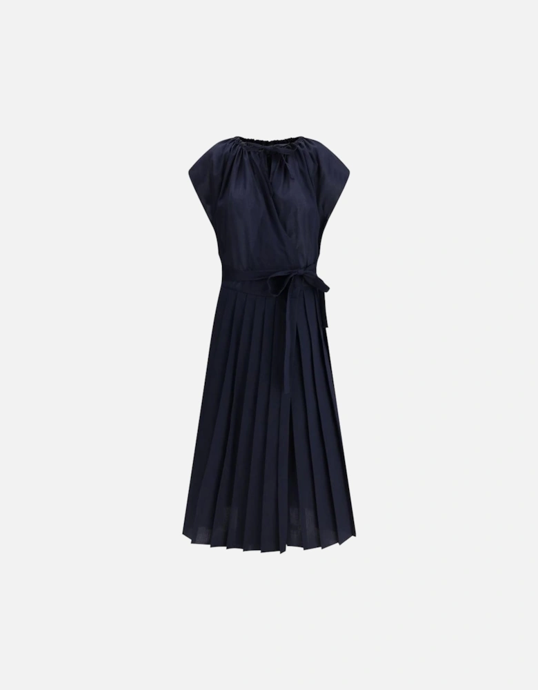 Muslin Midi Dress with Ruffle Neckline Women - Blue Dresses