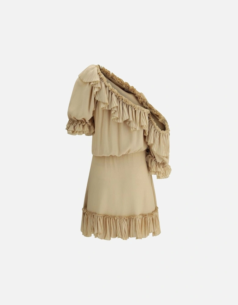 One-Shoulder Silk Dress with Poet Sleeves Women - Beige Dresses