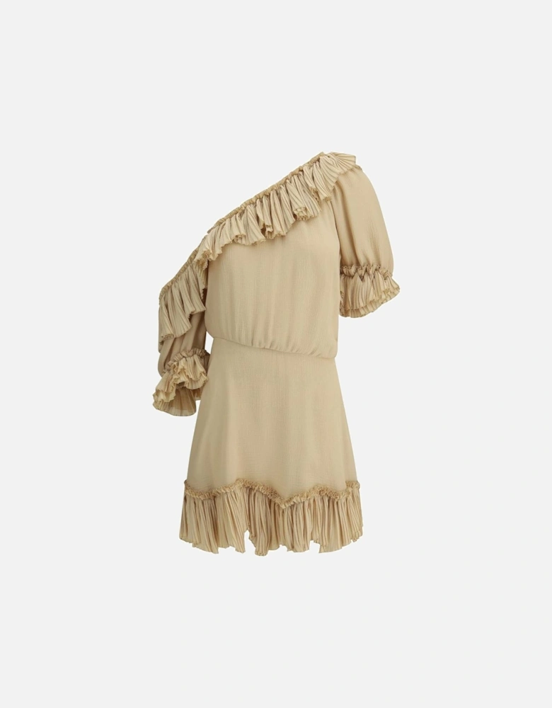 One-Shoulder Silk Dress with Poet Sleeves Women - Beige Dresses