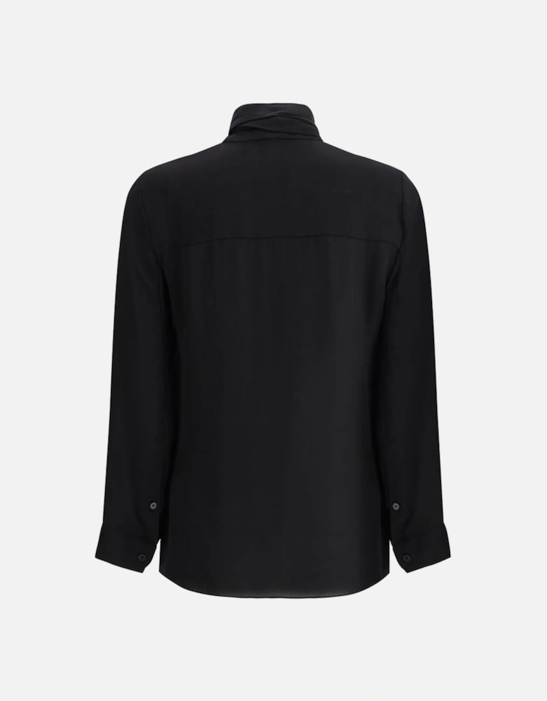 Silk Shirt with Concealed Button Front and Sash Collar Women - Black