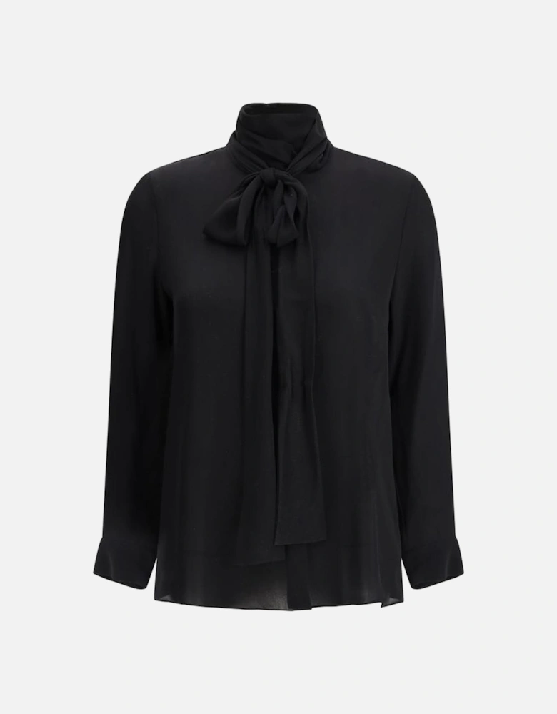 Silk Shirt with Concealed Button Front and Sash Collar Women - Black