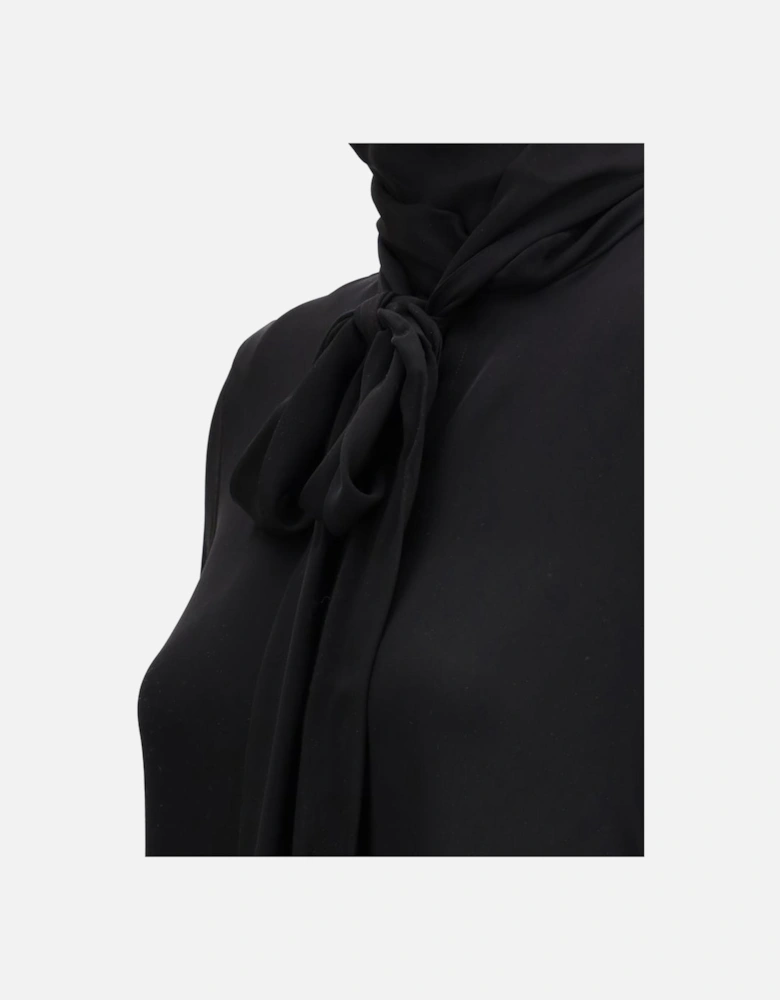 Silk Shirt with Concealed Button Front and Sash Collar Women - Black