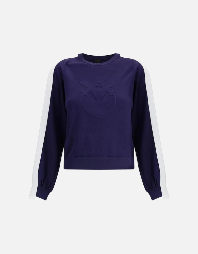 Ribbed Crew Neck Sweater with Logo and White Arm Bands Women - Blue