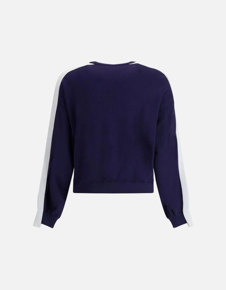 Ribbed Crew Neck Sweater with Logo and White Arm Bands Women - Blue