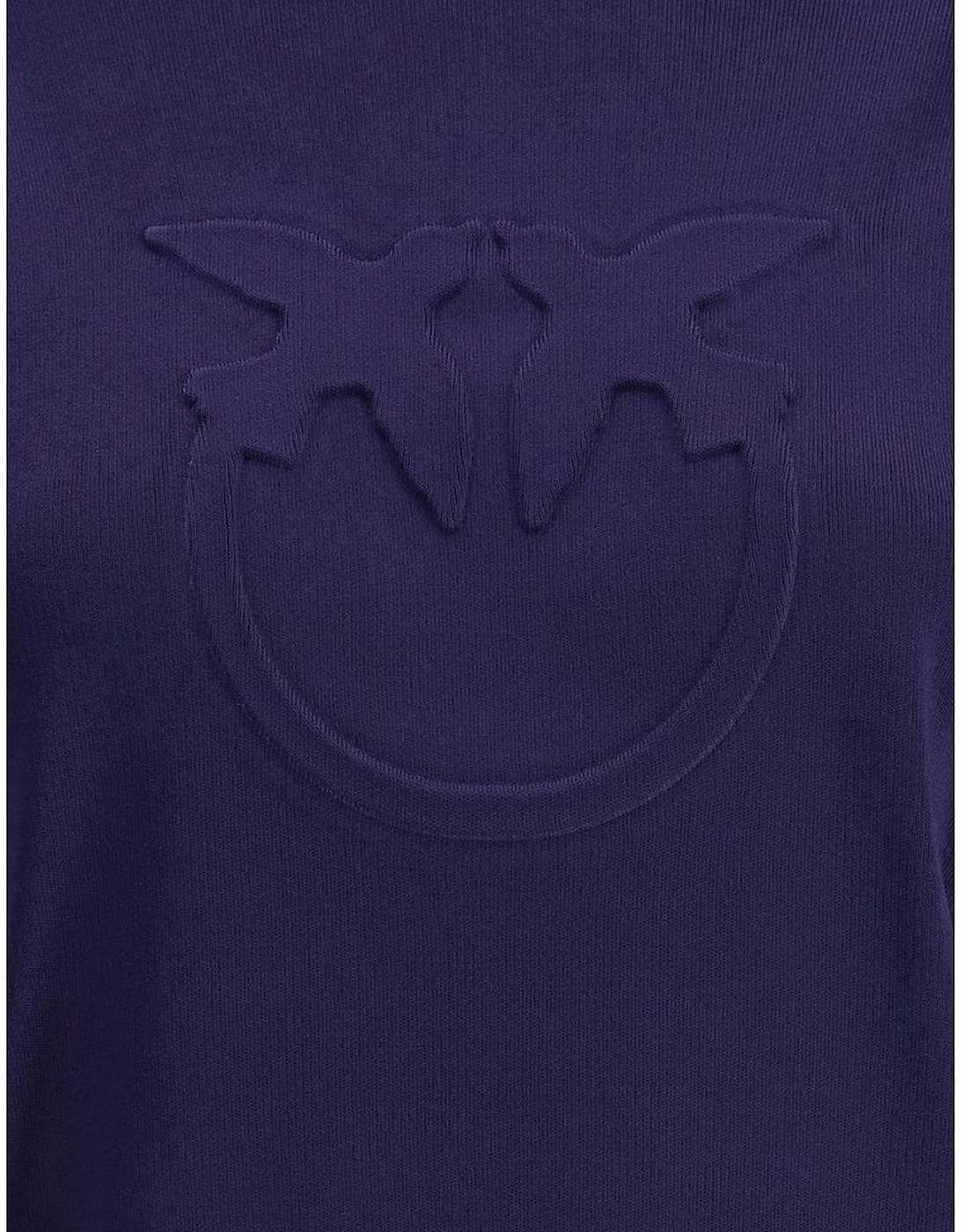 Ribbed Crew Neck Sweater with Logo and White Arm Bands Women - Blue