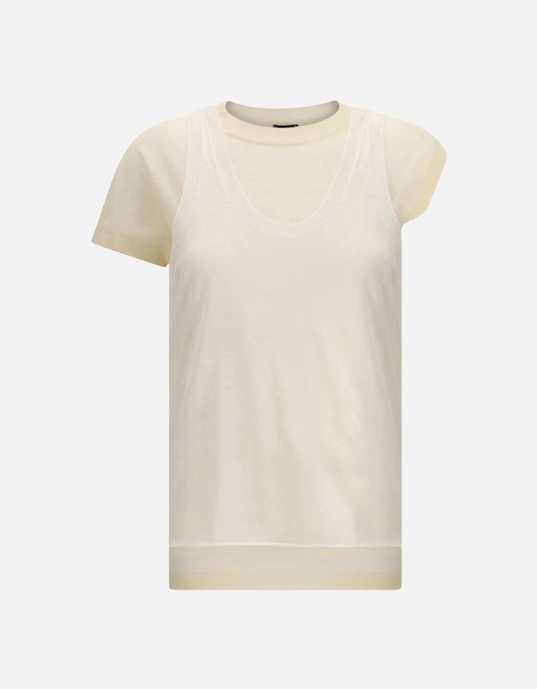 Double-Layer Ribbed Crew Neck Knitted T-Shirt Women - White