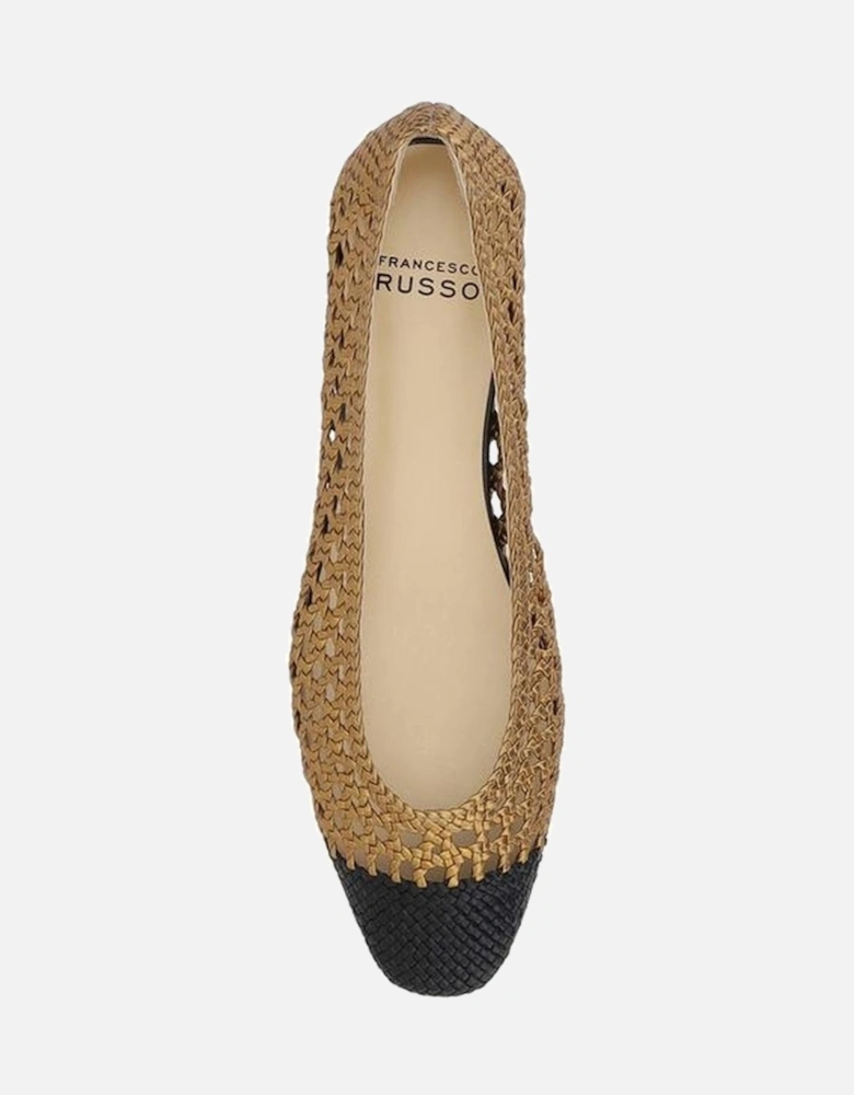 Leather Almond Toe Ballerinas with Woven Detail Women - Gold Flats