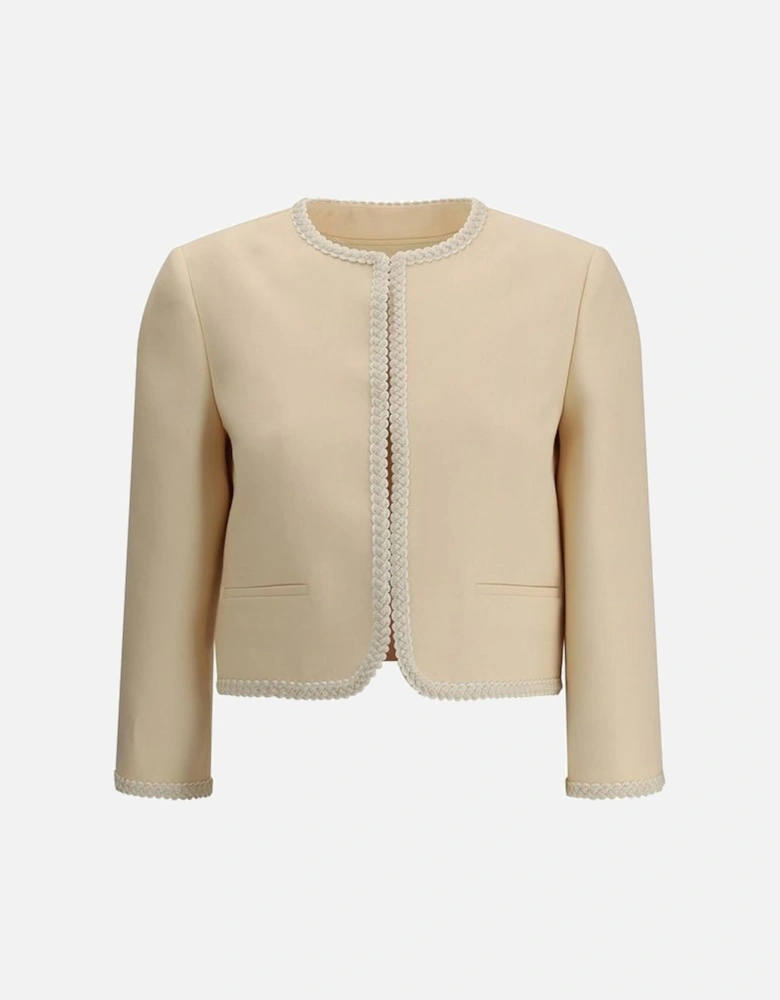 Silk Crepe Cropped Blazer with Embroidered Edges Women - Cream Suits