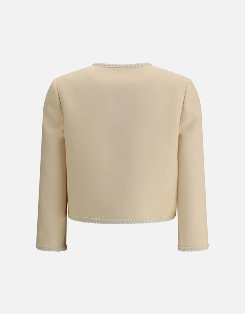 Silk Crepe Cropped Blazer with Embroidered Edges Women - Cream Suits