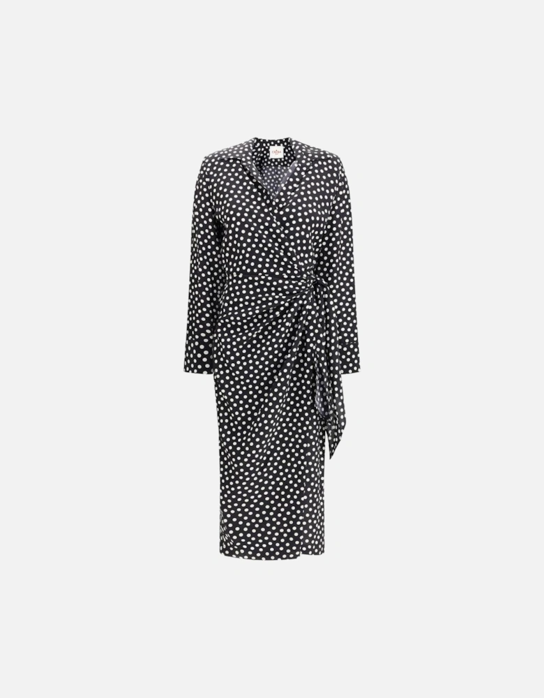 Polka Dot Wrap Dress with V-Neck and Tie Bow Women - Black Dresses