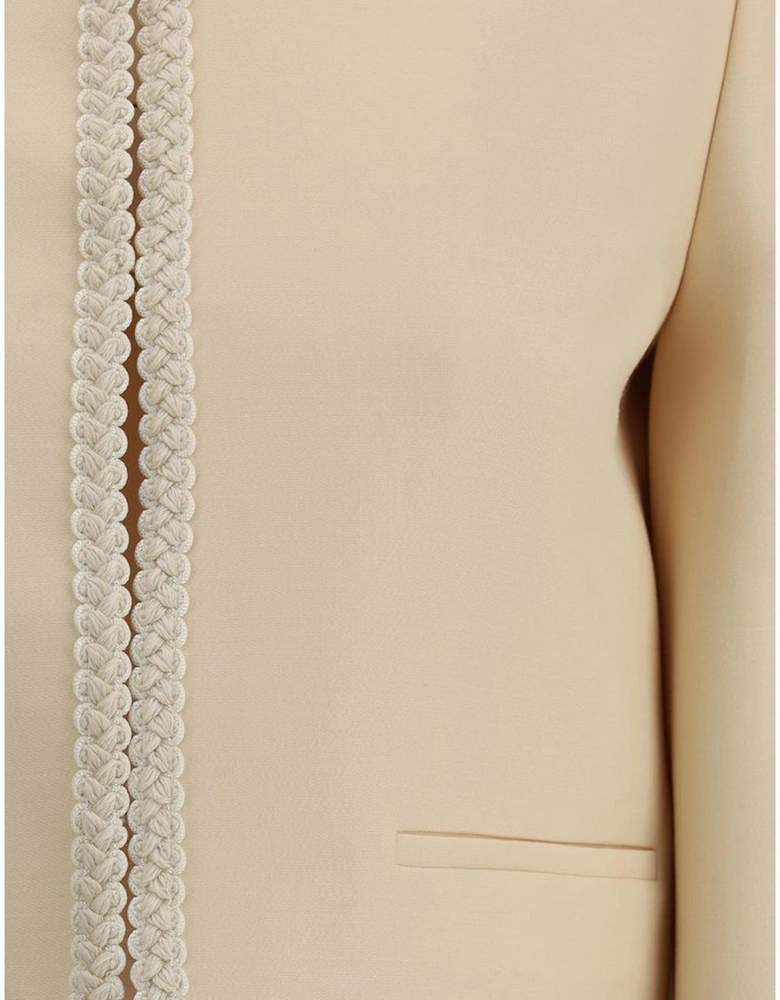 Silk Crepe Cropped Blazer with Embroidered Edges Women - Cream Suits