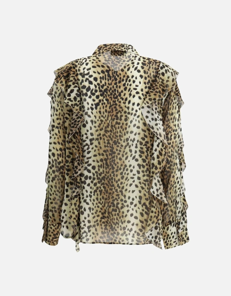 Silk Chiffon Leopard Print Ruffle Shirt Women - Multicolor