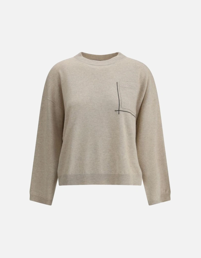 Virgin Wool Sweater with Jewel Applique Pocket Women - Beige