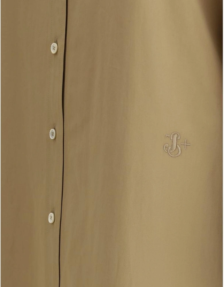 Long Collarless Shirt Dress with Side Slits Women - Beige Dresses