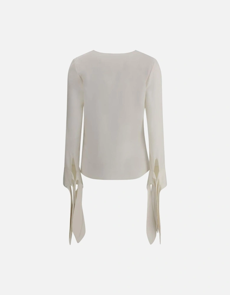 Silk V-Neck Blouse with Knotted Cuffs and Logo Women - Cream Shirts