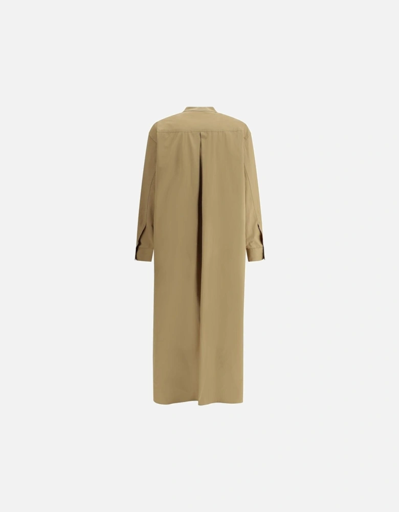 Long Collarless Shirt Dress with Side Slits Women - Beige Dresses
