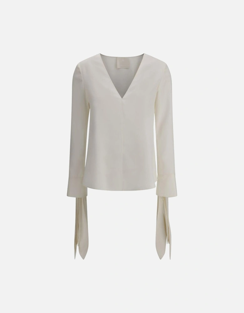 Silk V-Neck Blouse with Knotted Cuffs and Logo Women - Cream Shirts