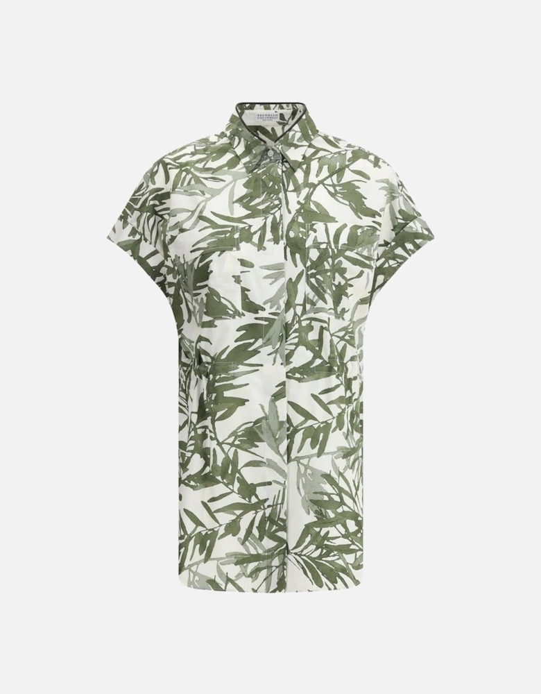 Long Shirt with Bead Collar and Leaf Print Women - Multicolor