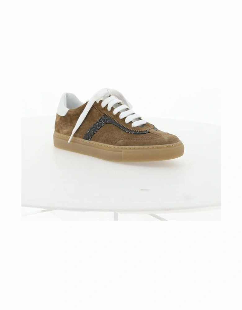 Leather Lace-Up Sneakers with Shiny Bead Detail Women - Brown