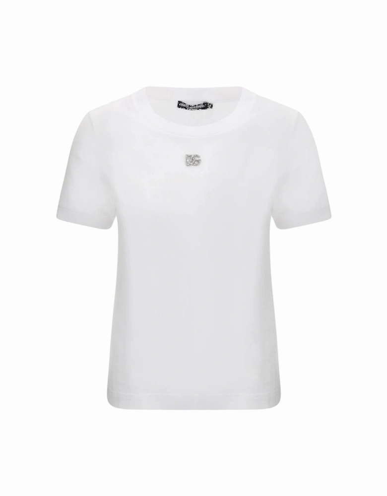 Cotton T-Shirt with Monogram Plaque and Jewels Women - White