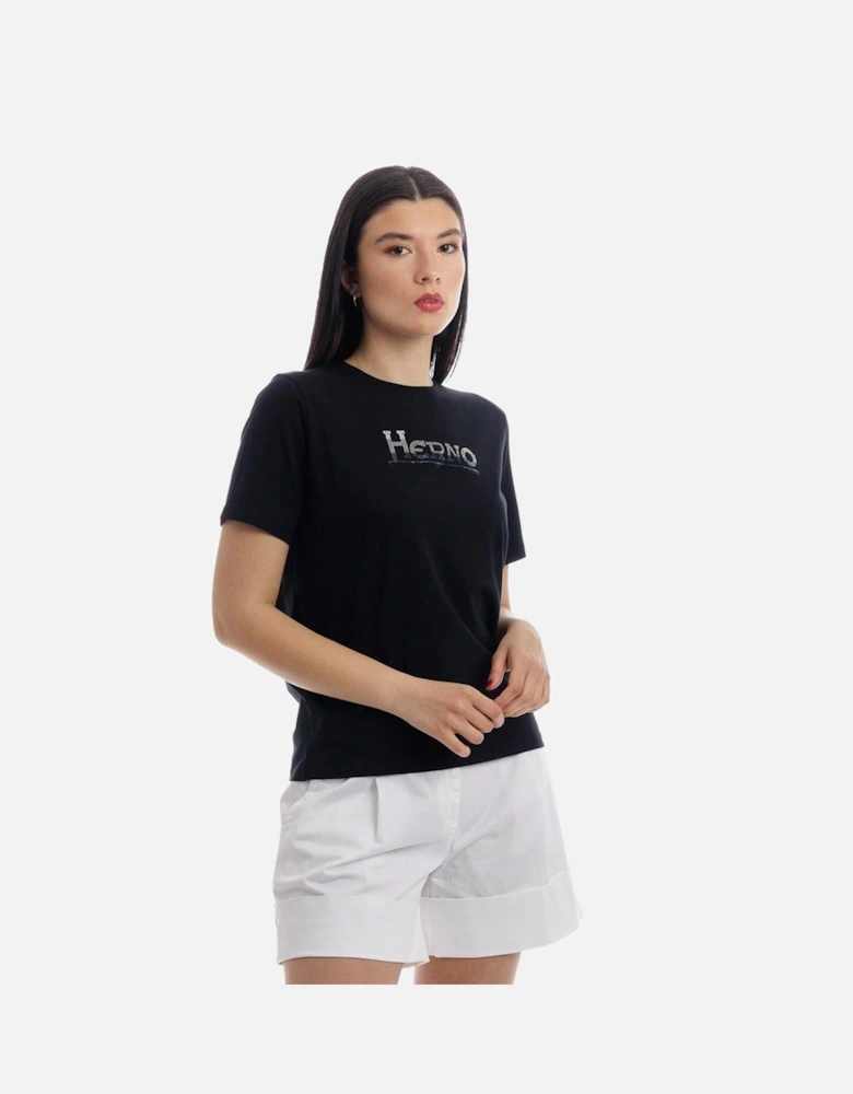 Classic T-Shirt with Rhinestone Logo Women - Black