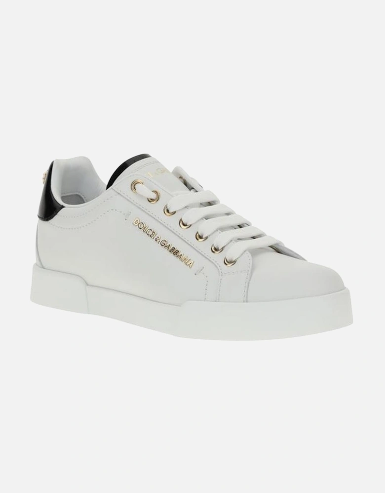 Leather Sneakers with Metallic Lettering and Pearl Heel Women - White