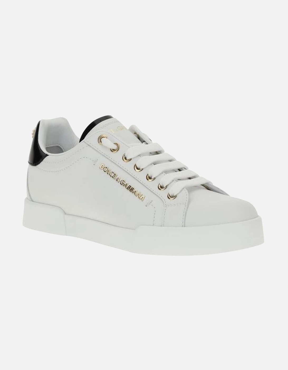 Leather Sneakers with Metallic Lettering and Pearl Heel Women - White