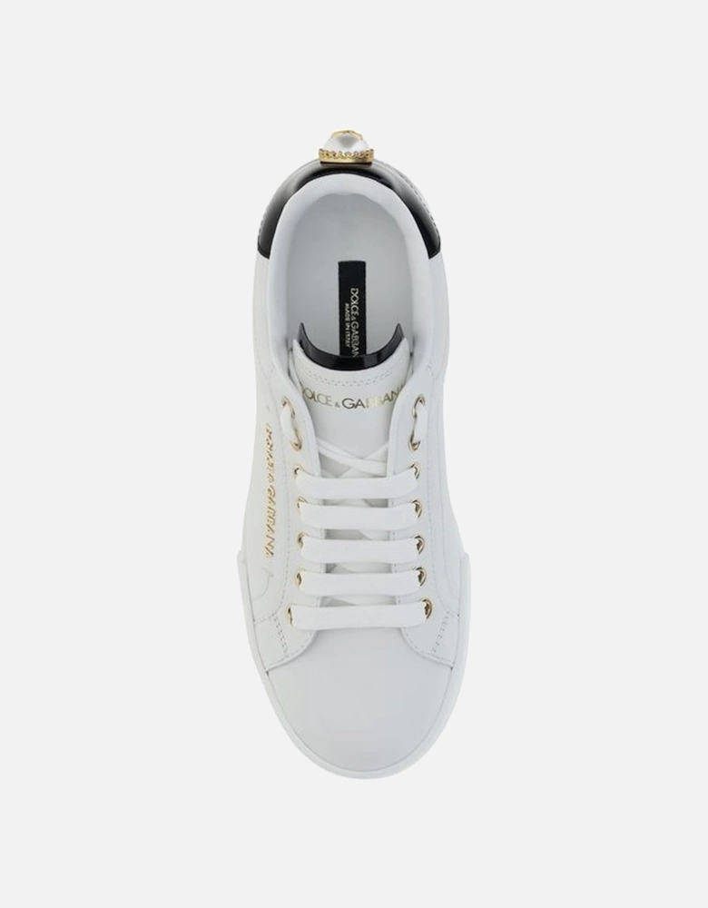 Leather Sneakers with Metallic Lettering and Pearl Heel Women - White