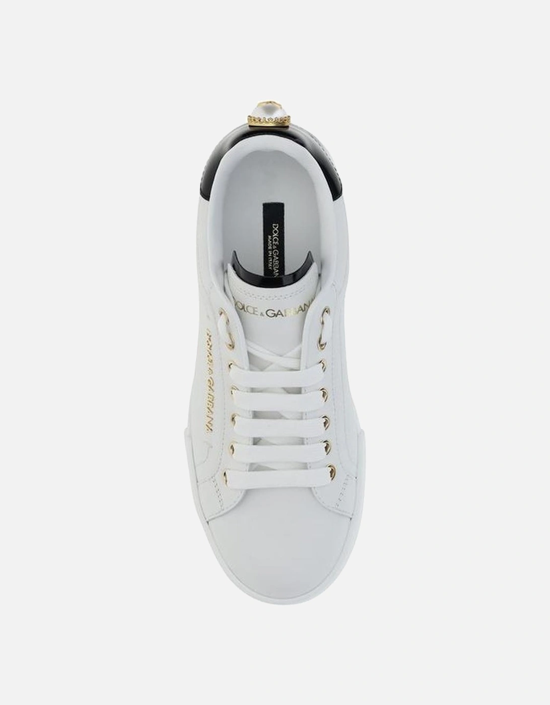 Leather Sneakers with Metallic Lettering and Pearl Heel Women - White