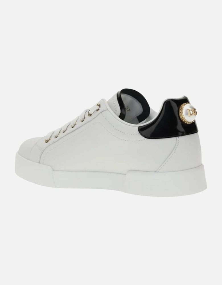 Leather Sneakers with Metallic Lettering and Pearl Heel Women - White