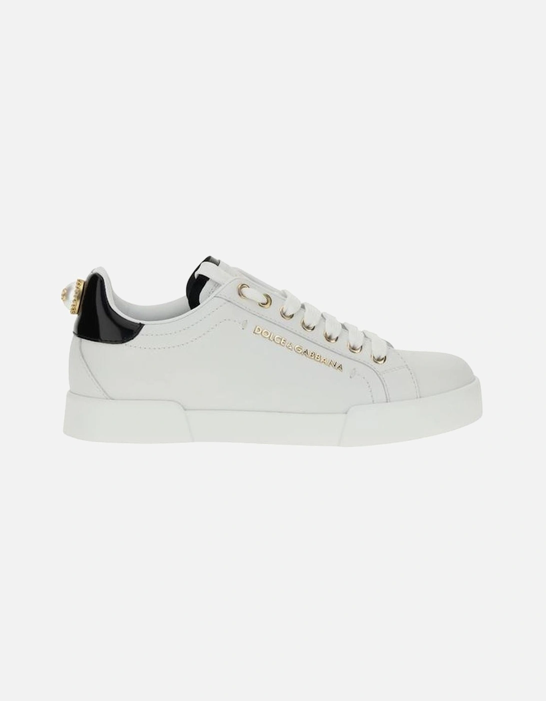 Leather Sneakers with Metallic Lettering and Pearl Heel Women - White, 5 of 4