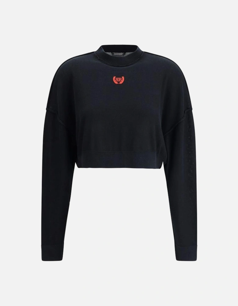 Cropped Oversized Sweater with Embroidered Logo Women - Black