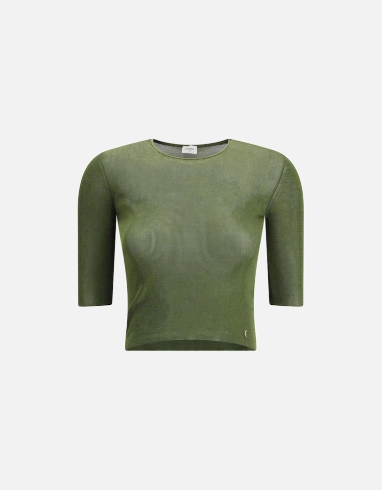 Metallic Plaque Logo Fitted Crew Neck Top Women - Bicolor T-Shirts
