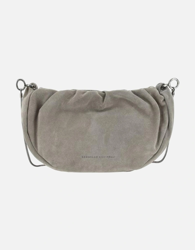 Suede Shoulder Bag with Jewelled Strap and Ruffled Top Women - Gray