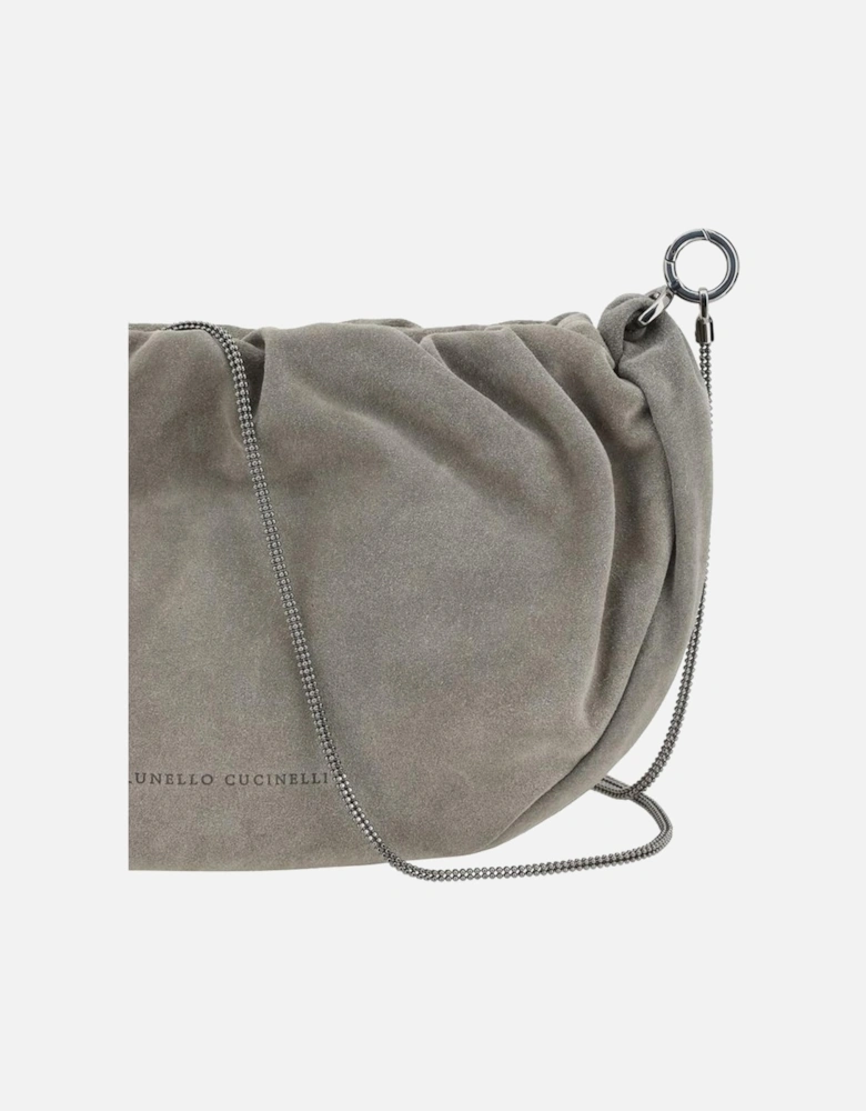 Suede Shoulder Bag with Jewelled Strap and Ruffled Top Women - Gray