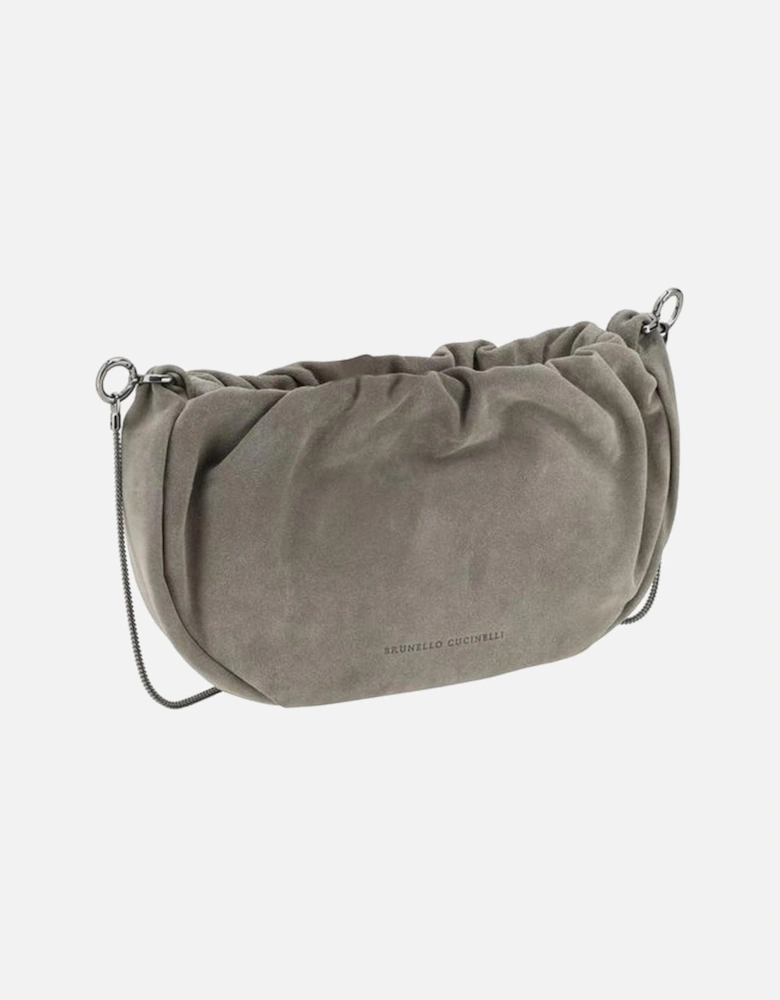 Suede Shoulder Bag with Jewelled Strap and Ruffled Top Women - Gray