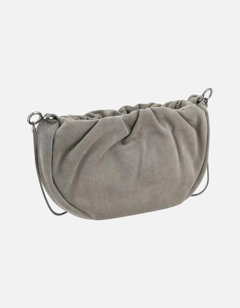Suede Shoulder Bag with Jewelled Strap and Ruffled Top Women - Gray