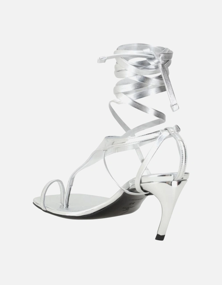Leather Sandals with Sculptural Heel and Ankle Ribbon Women - Silver