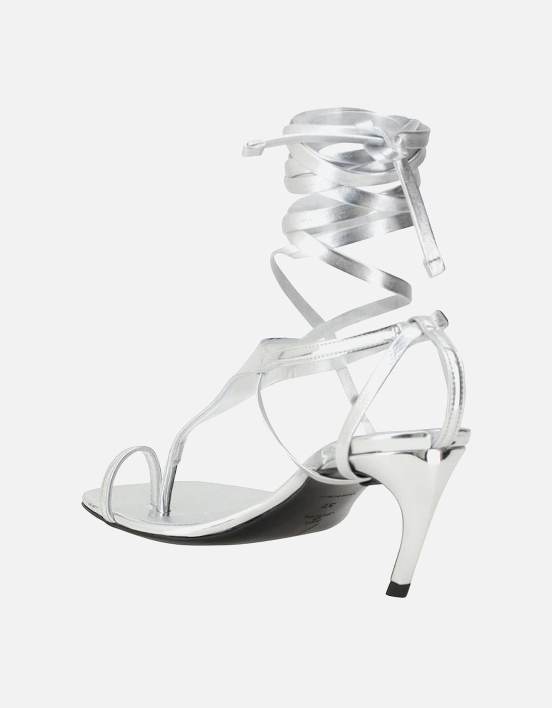 Leather Sandals with Sculptural Heel and Ankle Ribbon Women - Silver