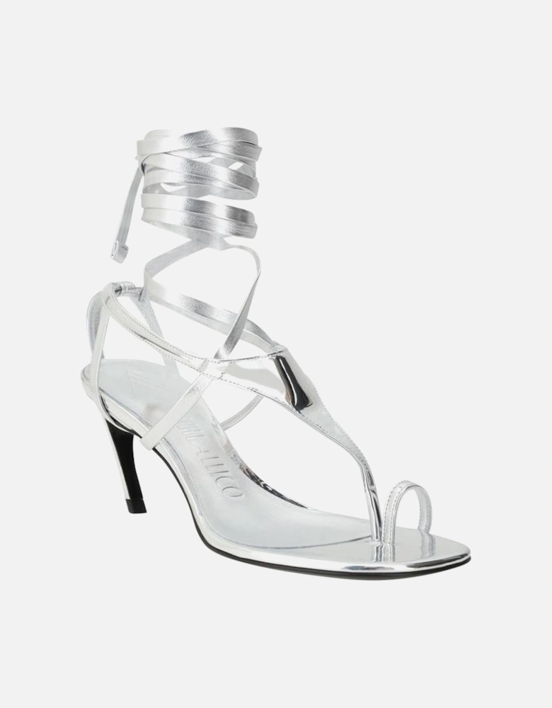 Leather Sandals with Sculptural Heel and Ankle Ribbon Women - Silver