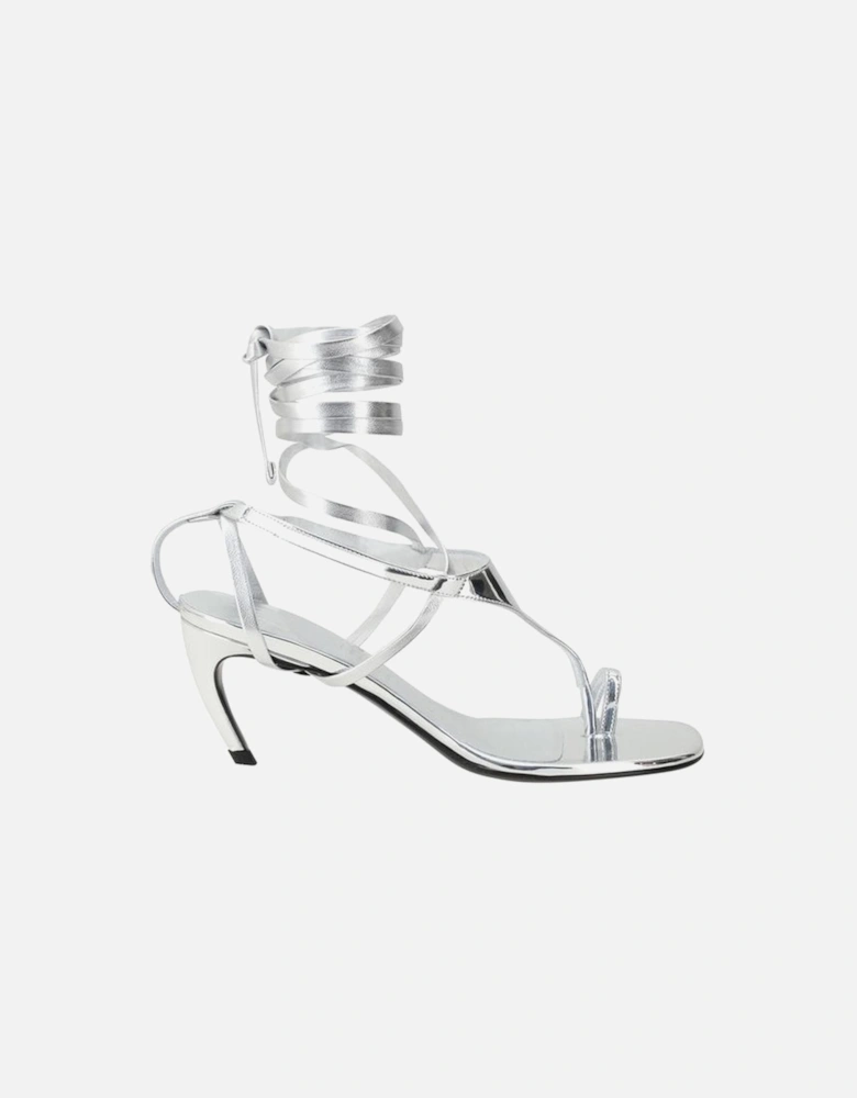 Leather Sandals with Sculptural Heel and Ankle Ribbon Women - Silver