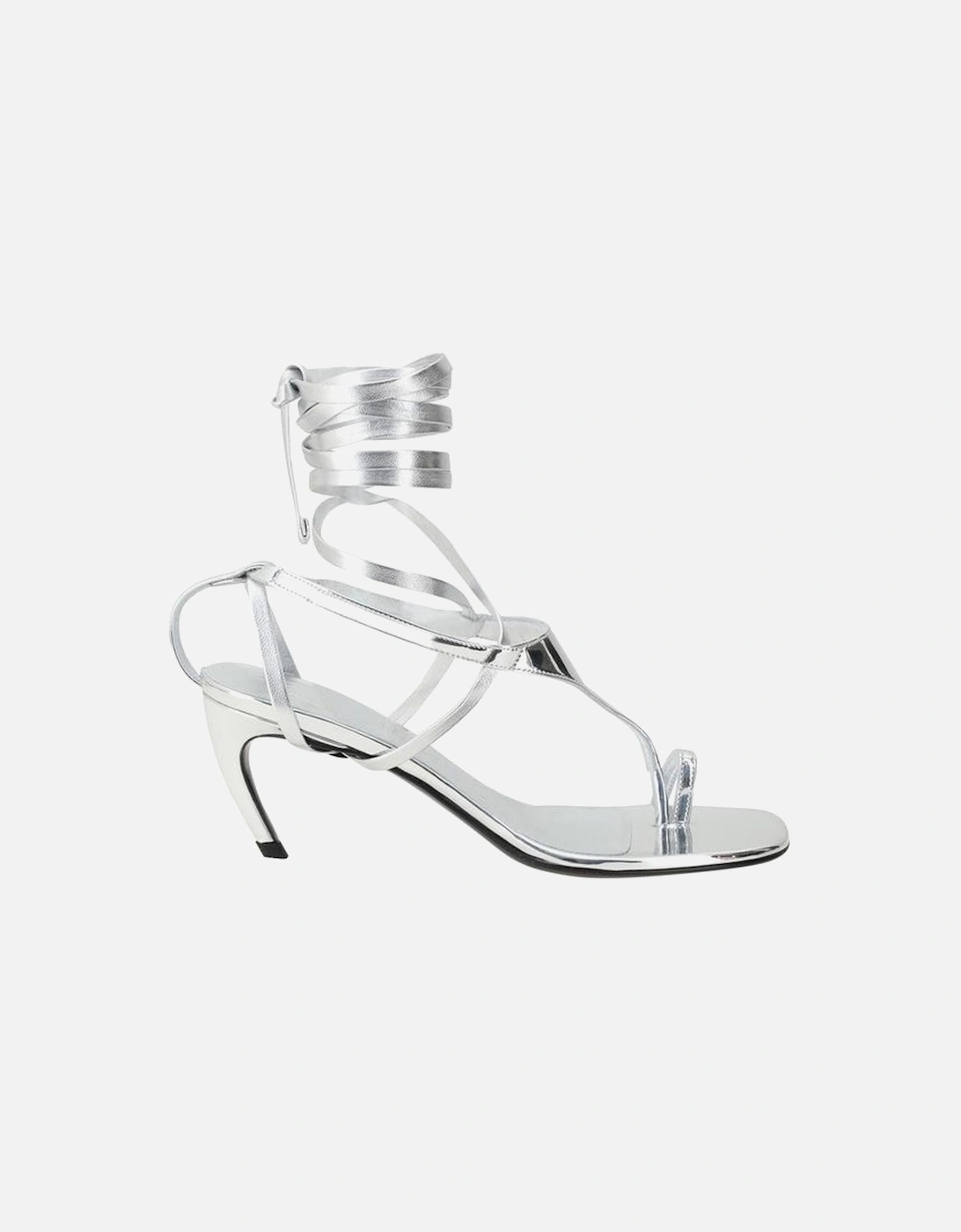 Leather Sandals with Sculptural Heel and Ankle Ribbon Women - Silver, 4 of 3