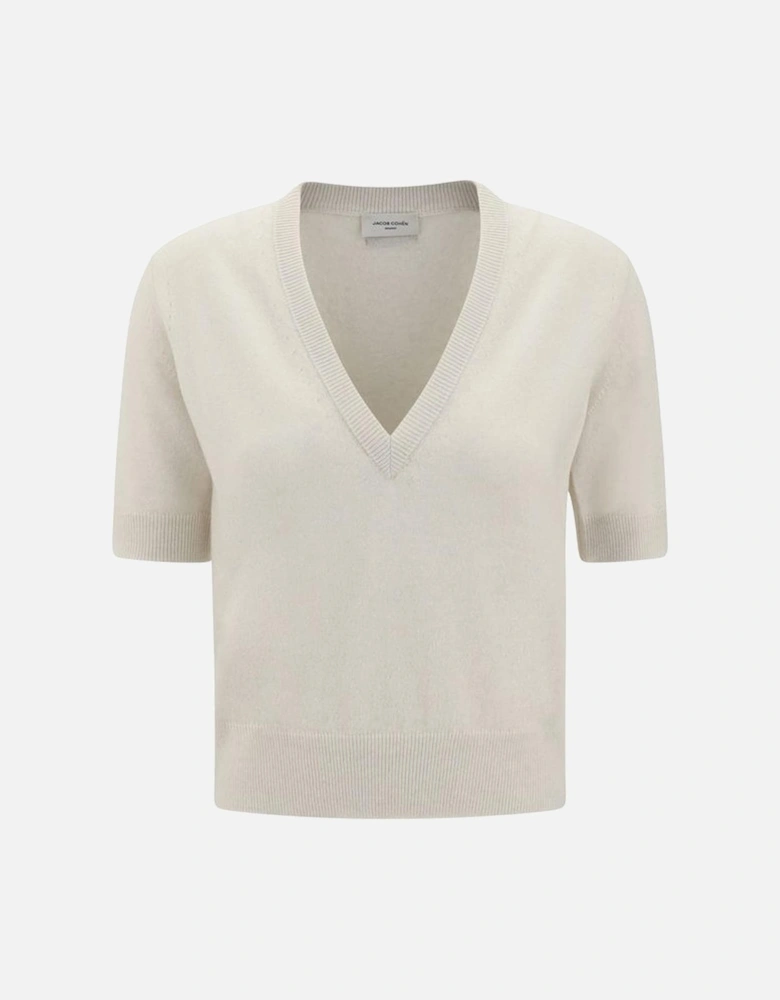 Cashmere Short-Sleeve V-Neck Sweater Women - White